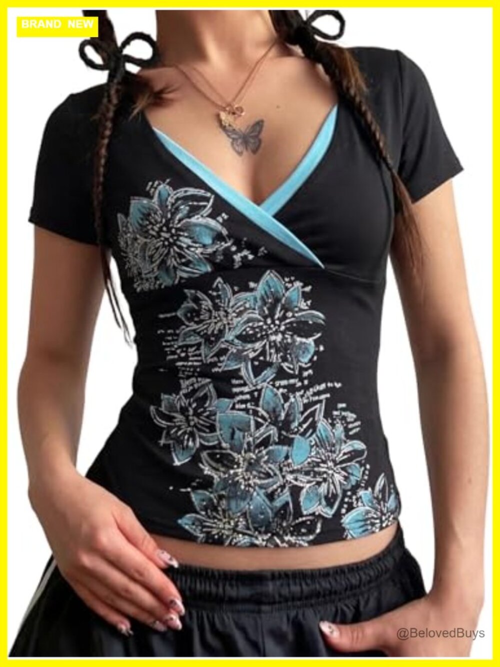 Women's Y2K Grunge Short Sleeve V-Neck Floral Crop Top